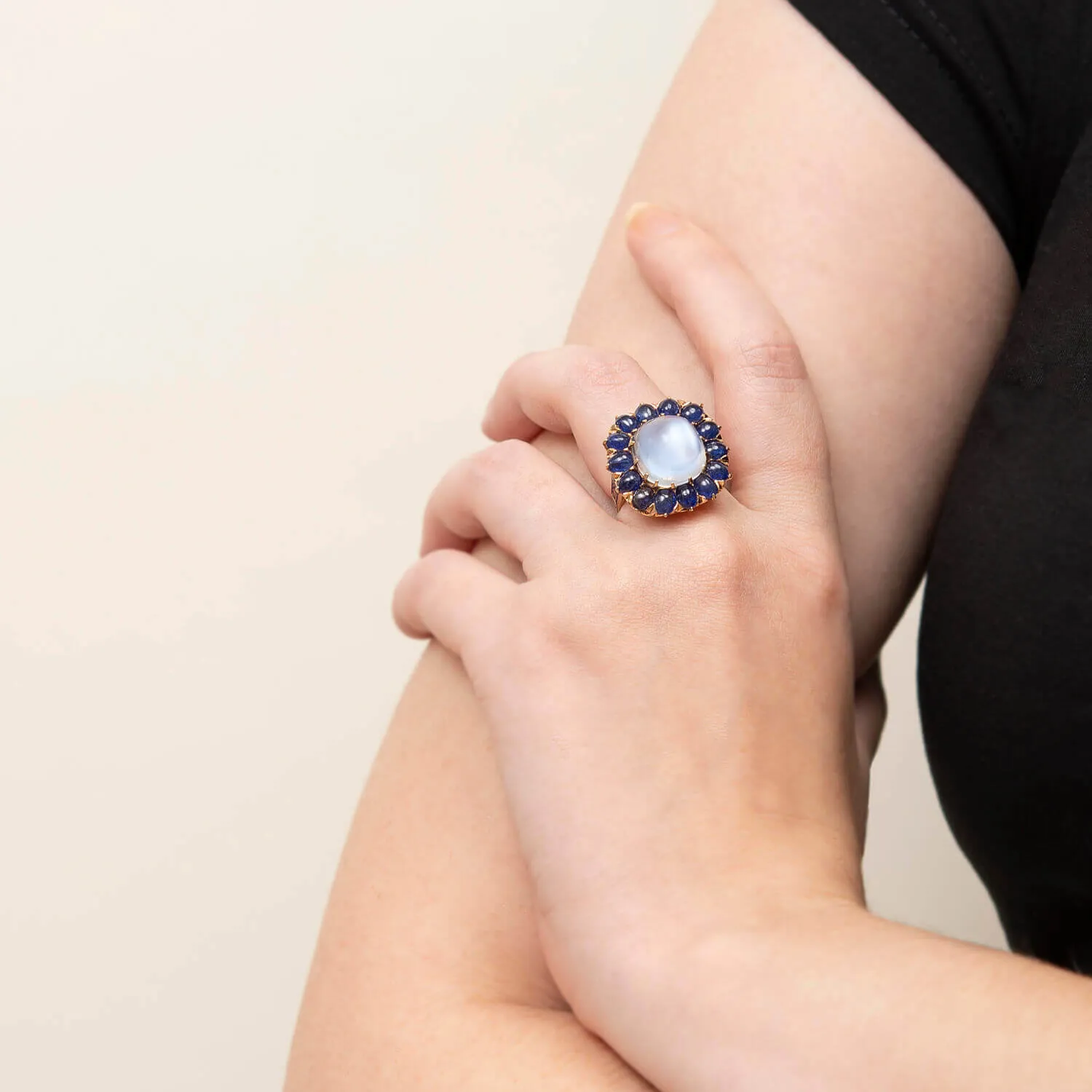 Vintage 14k Moonstone & Sapphire Cluster Ring